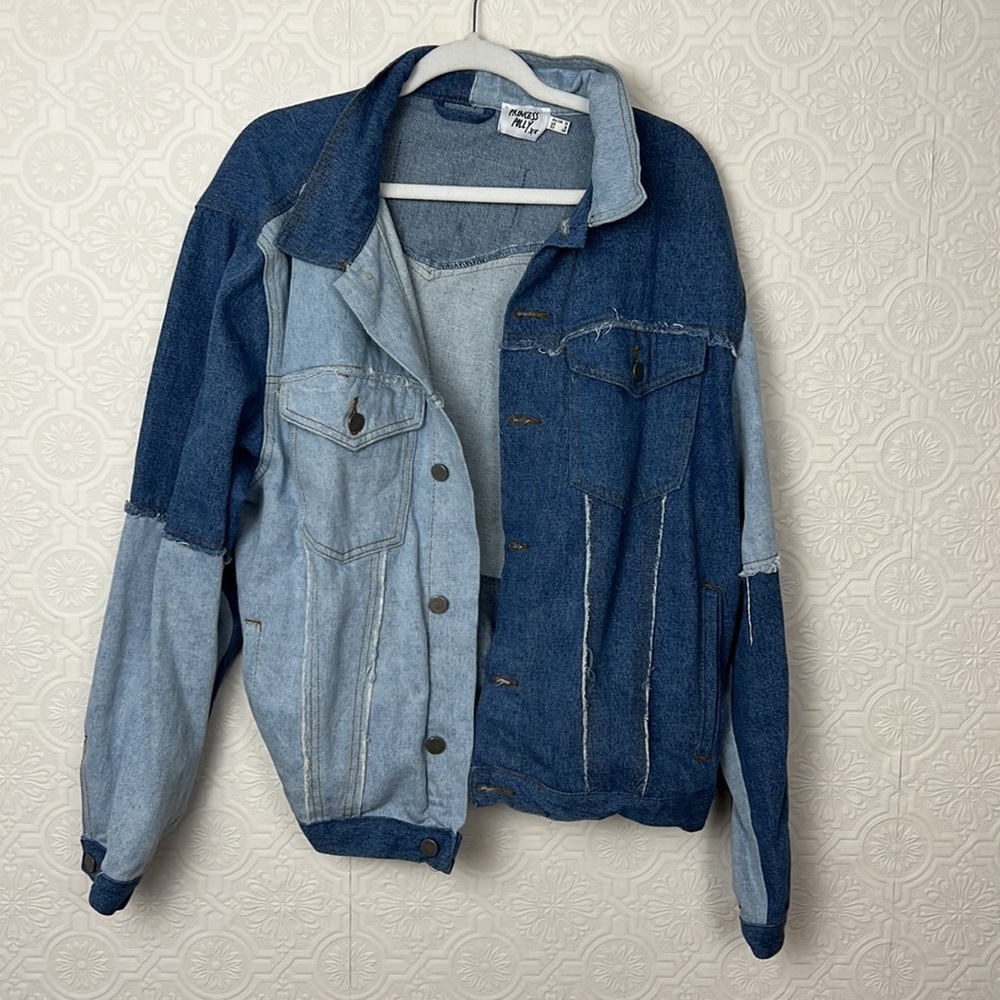 Princess Polly Rylee Denim Jean Jacket Oversized Patchwork‎ Shacket Blue 8 - Picture 2 of 9